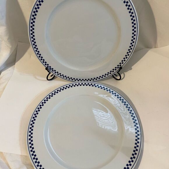 Tognana Blue Check Dinner Plate 10.9" White Italian Porcelain Geometric 2 Pieces - Picture 2 of 7